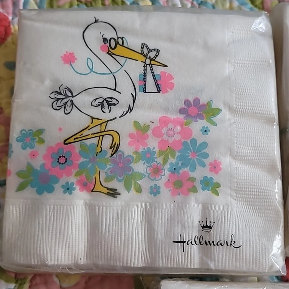 Vintage Hallmark Baby Shower Napkins - White with Multicolor Design